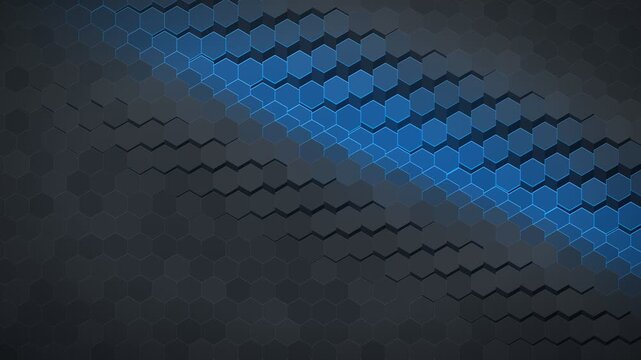 Futuristic Blue Hexagonal Grid With Glowing Honeycomb Pattern and Dynamic 3D Geometric Motion Background