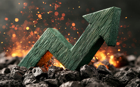 Green wooden arrow rises above pile of black coal. Upward trend graph shows economic growth, energy sector profit. Rising market statistics indicate increasing demand for fuel, industrial resource