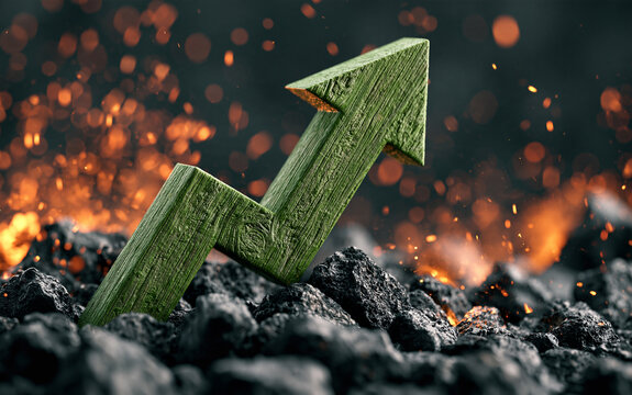 Green wooden arrow rises above pile of black coal. Upward trend graph shows economic growth, energy sector profit. Rising market statistics indicate increasing demand for fuel, industrial resource