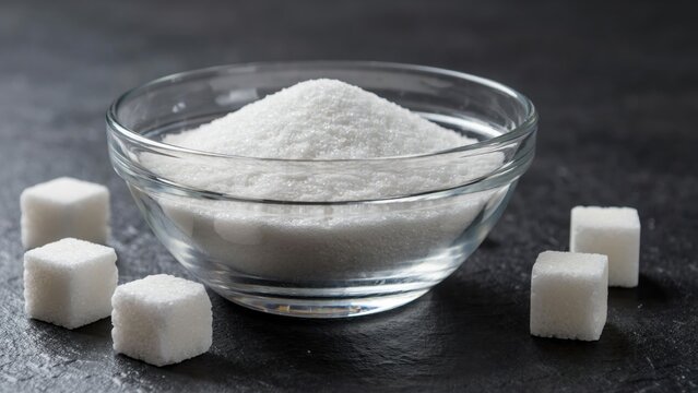 White granulated sugar in a glass bowl surrounded by sugar cubes on a dark surface. Useful for food and nutrition photography concepts.