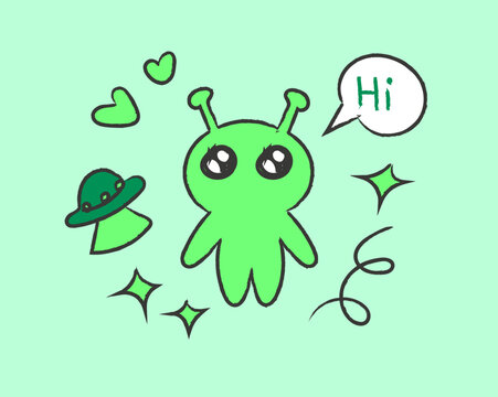 Cute green alien creature with UFO flying saucer vector illustration. Hand-drawn simple cartoon doodle style in colored pencil for outer space, sci-fi, and fun kids design projects.