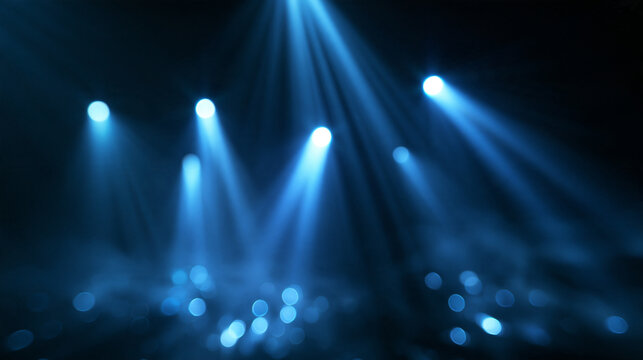 Stage Spotlights with Blue Light Beams and Smoke