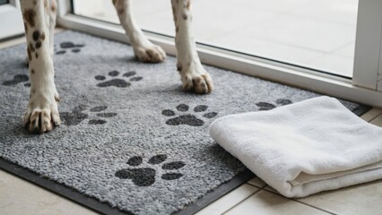 Fototapeta na wymiar Dog legs stand on a grey mat with paw prints near a clean towel. Perfect for pet hygiene and home maintenance concepts.