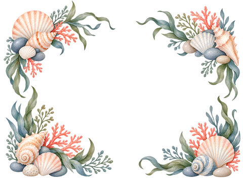 Watercolor seashell and coral corner frame border isolated on a transparent background