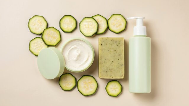 Cucumber skincare products arranged with fresh slices on beige background. Ideal for natural beauty ads and organic cosmetic marketing concepts.