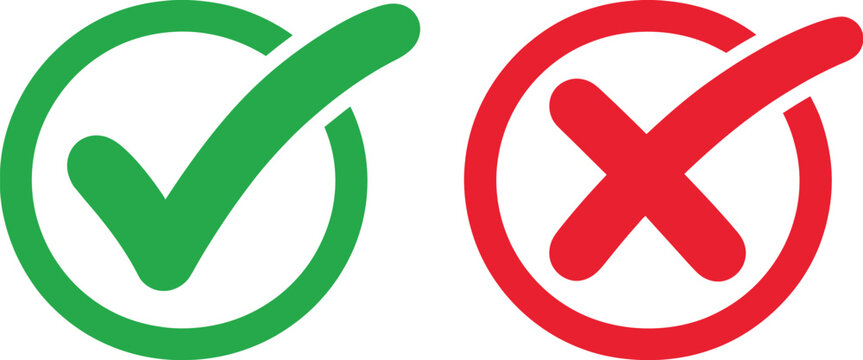 Green checkmark and red cross icons, correct incorrect answer symbols for selections decisions approval rejection validation confirmation and evaluation