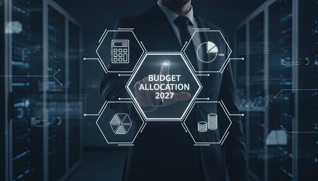 Businessman in a suit reaches out to touch a budget allocation digital interface floating amidst rows of high tech computer server racks in a data center.
