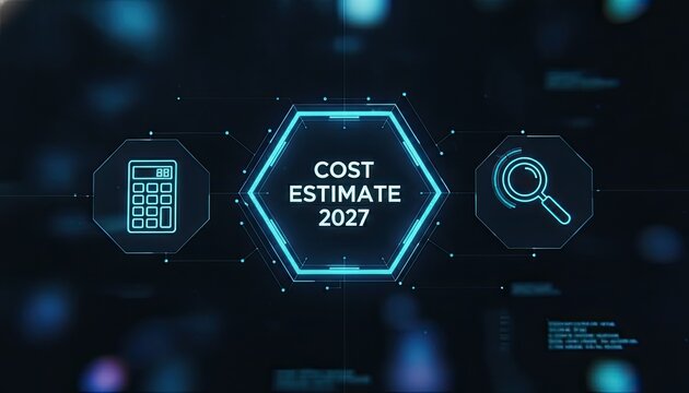 Digital display presents a cost estimate 2027 interface with a calculator and magnifying glass icon against a dark and abstract technological background.