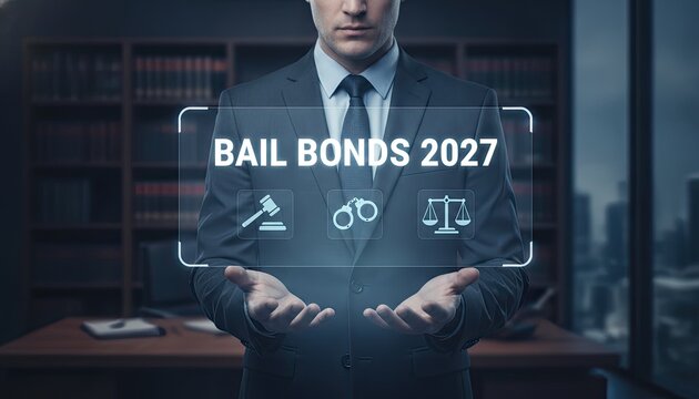 Formal suit wearing businessman presents holographic interface with bail bonds 2027 text and legal icons in front of law library shelves.