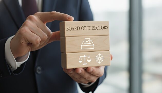 Businessman in suit presents wooden blocks titled board of directors with icons for voting scale and target for corporate governance.
