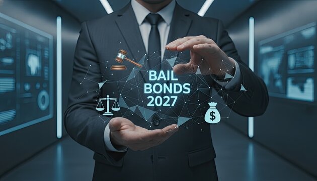 Professional businessman in blue suit interacts with digital hologram interface showing bail bonds 2027 text and legal system finance icons.