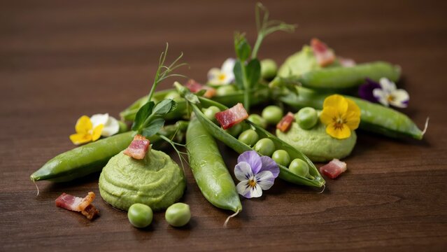 Gourmet green pea puree with bacon bits and fresh peas on a wooden surface. Perfect for fine dining restaurant or seasonal organic food menu concepts.