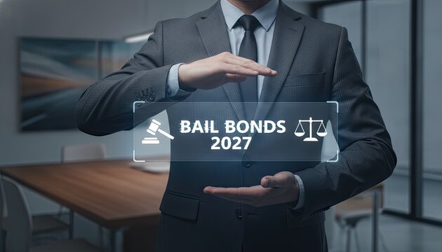 Business professional in suit holds glowing holographic interface displaying text regarding legal bail bonds and future financial planning for 2027.