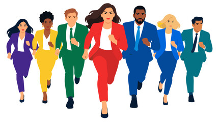 Fototapeta premium Diverse team of ambitious business professionals wearing colorful suits running forward together toward corporate victory, teamwork competition concept vector illustration on white