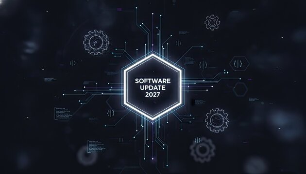 Digital visualization of a software update 2027 system showing technical gear icons and lines in a futuristic dark data environment.