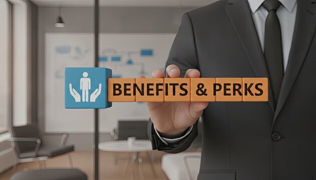 Business man holding orange and blue cubes featuring text about benefits and perks in a professional office interior.
