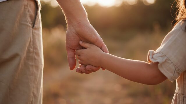 A father holds his small daughter's hand in a warm golden sunset. This emotional scene represents parental support and family connection.