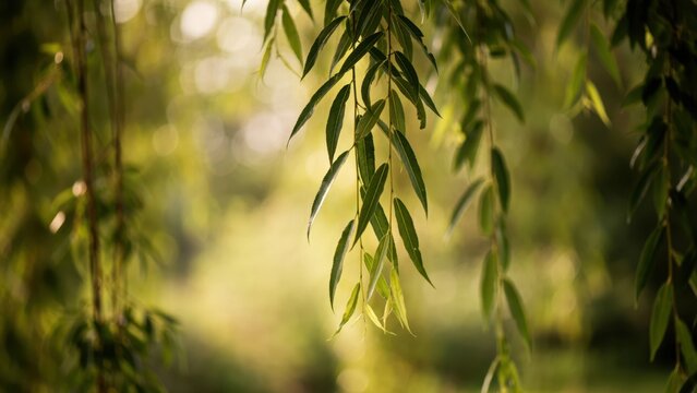 Green willow leaves hang gracefully in soft golden hour sunlight. This peaceful nature scene is ideal for wellness, meditation, or environmental design backgrounds.