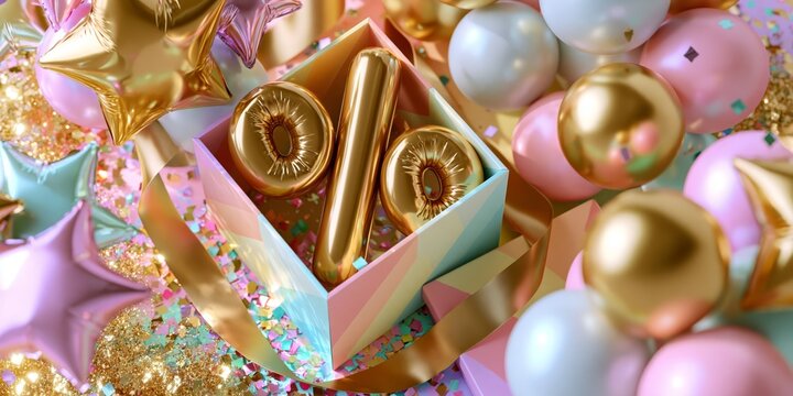 3D illustration of a pastel gift box with gold number ten balloons surrounded by pink white party balloons and confetti.