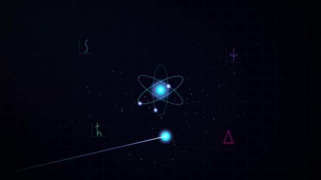 A glowing atom model with orbiting electrons against a dark, starry cosmic background