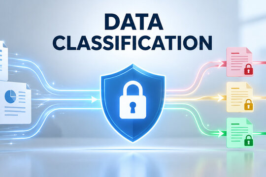 A blue shield with a padlock illustrates data classification, with glowing arrows connecting incoming files to red, yellow, and green secured documents.