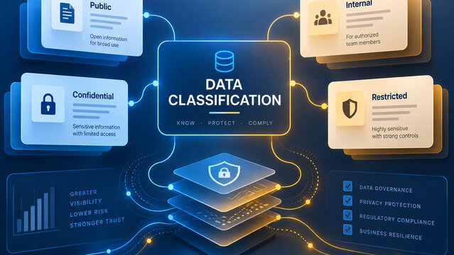 Blue and gold infographic illustrating public, internal, confidential, and restricted data categories with security icons, connected layers, and governance concepts.
