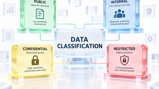 A 3D illustration of data classification with public, internal, confidential, and restricted levels displayed on colorful glass panels connected to a central sign.