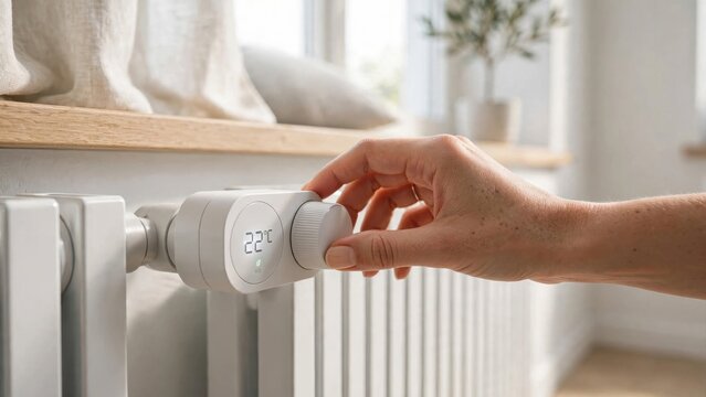 Hand adjusting smart radiator thermostat at home, energy efficiency and temperature control in a modern apartment to reduce heating costs and utility bills