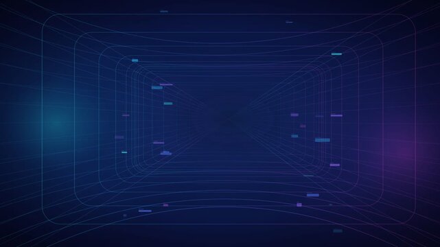 Futuristic Blue Purple Digital Tunnel With Glowing Neon Grid Lines and Moving Data Particles Abstract Technology Background