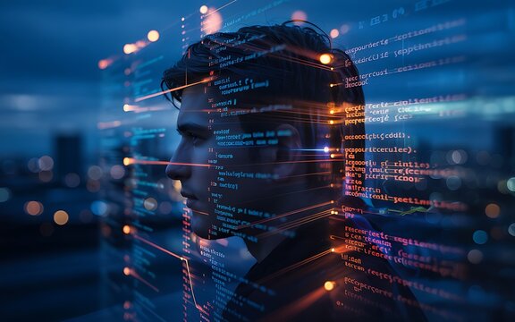 Man immersed in digital code representing the future of technology