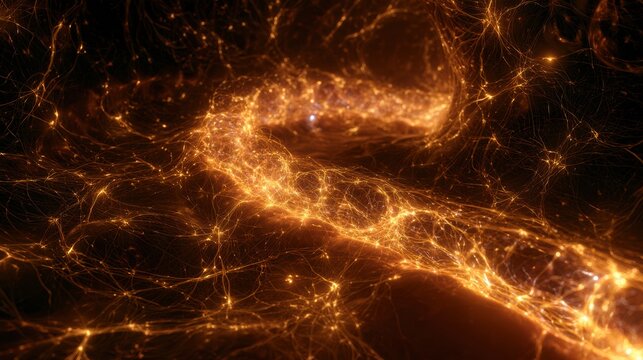 Complex nerve cells create a shining bioluminescent network in the intestinal wall, depicting the second brain in a dark setting.