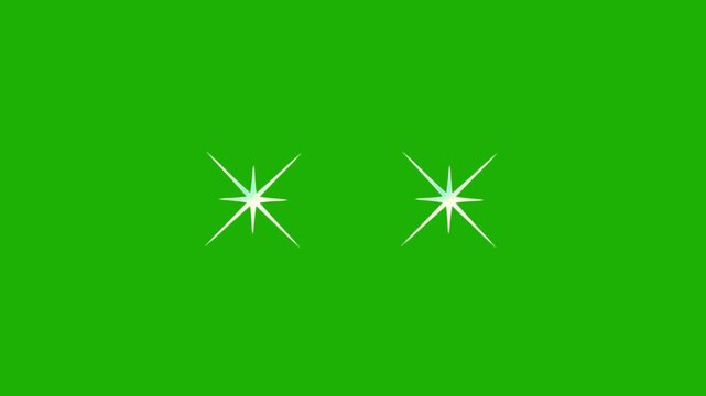 Animated retro doodle star twinkle glitter sparkle, flat vector white shining light effect, blinking starburst loop on chroma key green screen background, 4k festive video overlay element
