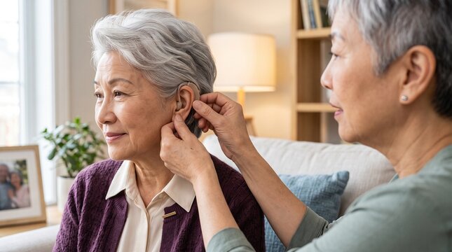 Audiology: Asian senior woman receives help adjusting her hearing aid at home