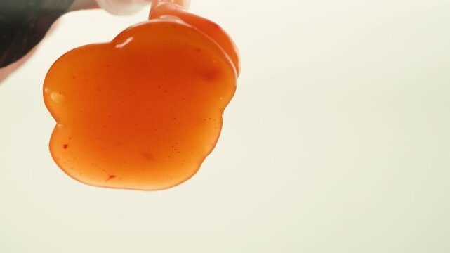 Sweet chili sauce pouring from squeeze bottle in slow motion, thick orange Asian condiment dripping close up on light background, spicy sauce for food