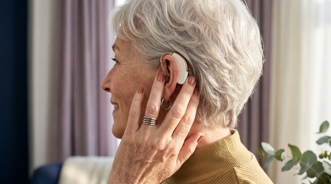 Audiology: Smiling older woman adjusting hearing aid for confident everyday communication