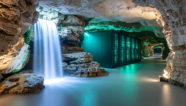 High-tech subterranean corporate data center integrated into natural cave rock and cooled by an indoor waterfall