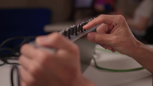 Technician finetunes audio equipment. Sound technician carefully calibrates audio device using tactile analog interface under warm ambient lighting in modern studio setting