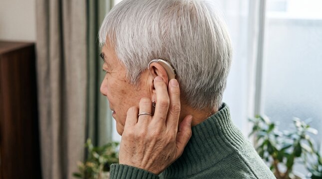 Audiology: Senior adult adjusting a hearing aid for confident daily communication
