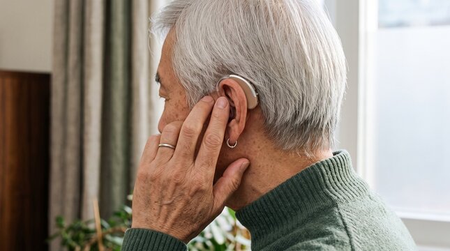 Audiology: Senior adult adjusting hearing aid at home for confident independent living