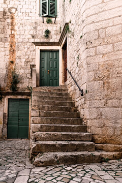Cobbled Courtyard In The Medieval Island Town Of Trogir, Croatia