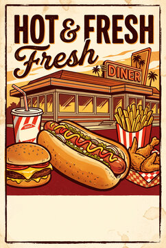 Retro vintage style restaurant Fast food menu print flyer poster template designs with hot dog burger and fried chicken with cola drink illustrations with empty bottom area for text for food graphics