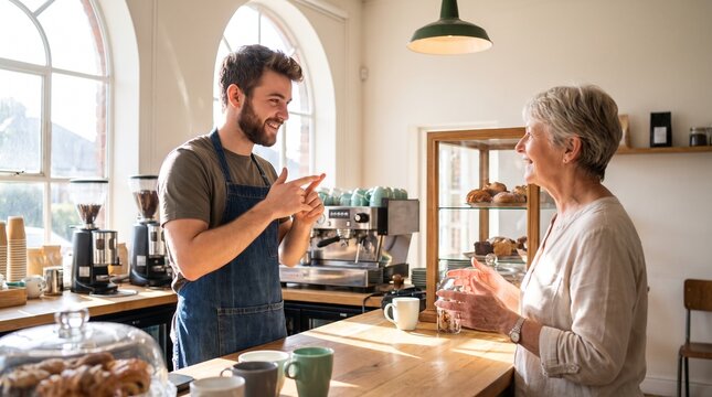 Barista and customer interacting at a coffee shop counter with baked goods