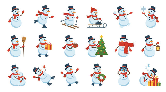 Cute Christmas Snowman Characters Set Winter Holiday Cartoon Icons