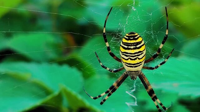 Yellow and black wasp spider argiope bruennichi on white web against green background in macro 4k video, capturing stunning arachnid wildlife