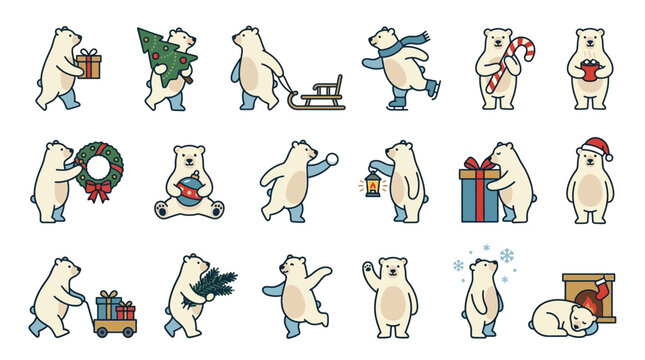 Cute Polar Bear Characters Collection for Christmas and Winter Holiday Design