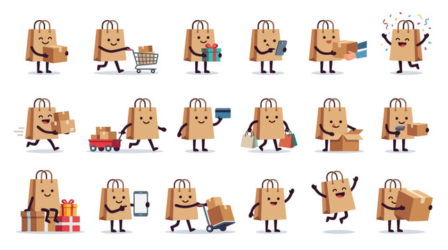 Set of Cute Shopping Bag Cartoon Characters for Delivery and Retail Services