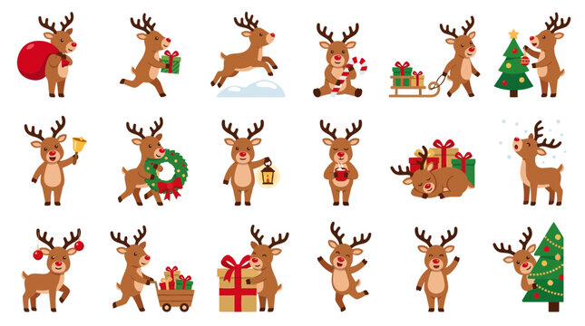 Cute Reindeer Characters Set for Christmas Celebration