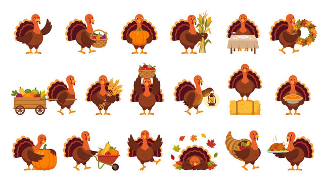 Set of Cute Thanksgiving Turkey Characters in Different Poses and Activities