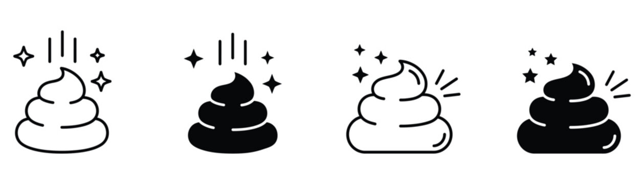Black and white poop icon with sparkles, funny cartoon sanitation symbol for stickers, digital arts.