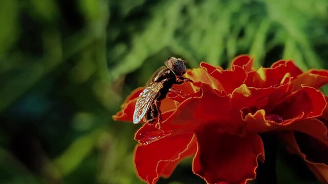 Syrphidae hoverfly cleaning its legs on vibrant marigold flower with cinematic camera movement in super macro 4k video, insect wildlife
